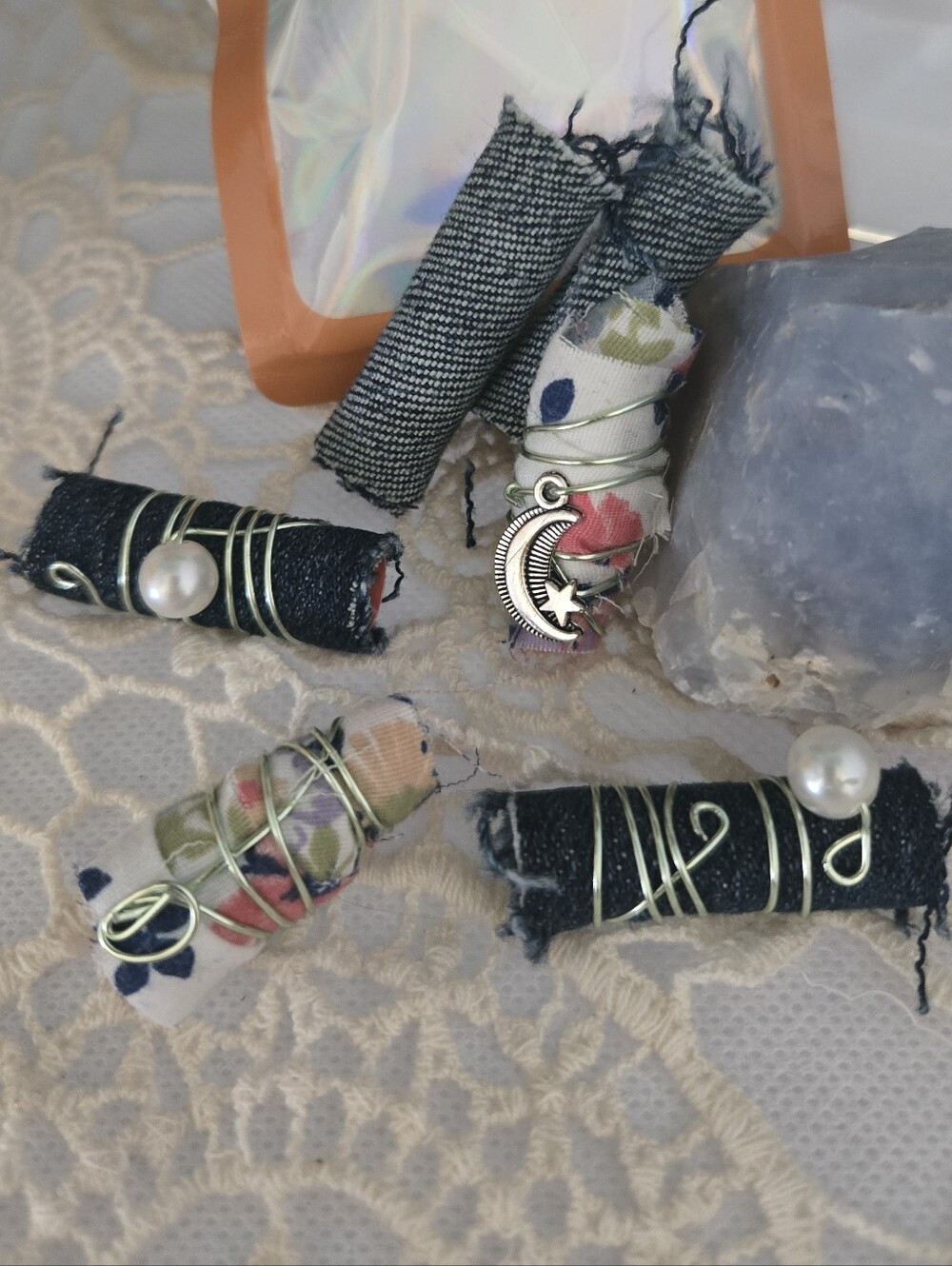 4/$15 Handmade Denim And Pearl Fiber Dread Braid Beads | Boho Fabric Hair Charms